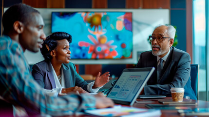 Corporate Team Analyzing Data on Laptop in Meeting. A diverse corporate team engaged in a strategic discussion over laptop data in a modern office setting.