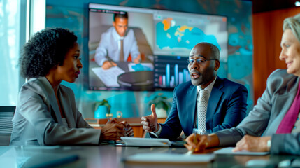 Global Business Strategy Discussion. Engaged business professionals deliberate over global strategies, with an interactive world data display illuminating their meeting room