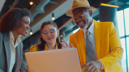 Multiethnic Business Team with Laptop. Joyful multiethnic team engaging with content on a laptop in a bright modern workspace