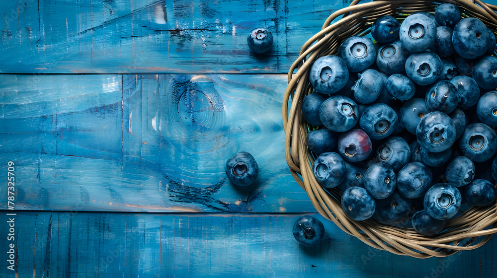 Poster ripe blueberries in a wicker bowl on a blue rustic wooden table flat lay shot harvesting and healthy