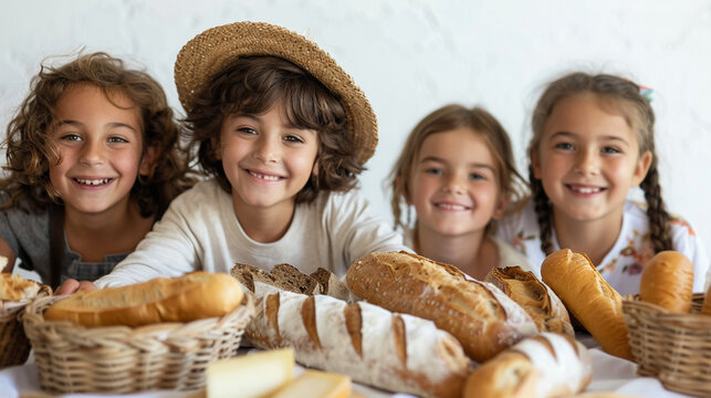An image of French children enjoying a picnic sharing laughs over baguettes and cheese