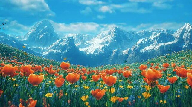 Mountain wildflowers in spring nature landscape.seamless looping time-lapse 4K video background	