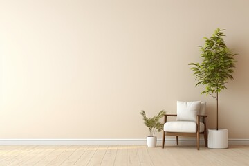 Modern Home Interior Design with Chair and House Plant Tree Bathed in Sunlight, Cream Wall Gradient Background