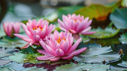 Pink lotus blossoms or water lily flowers blooming on pond ,Generative ai,  - obrazy, fototapety, plakaty