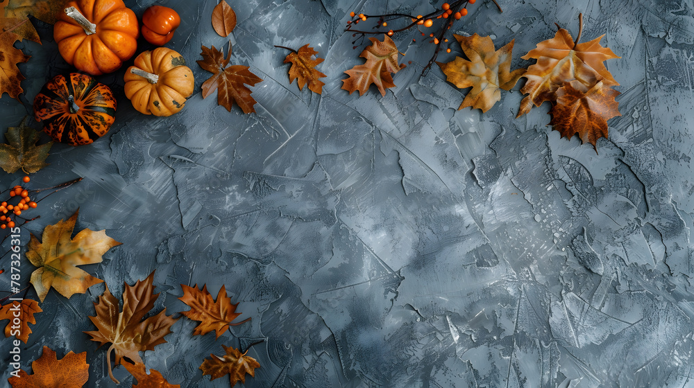 Poster thanksgiving and autumn decoration concept made from autumn leaves and pumpkin on stone background f