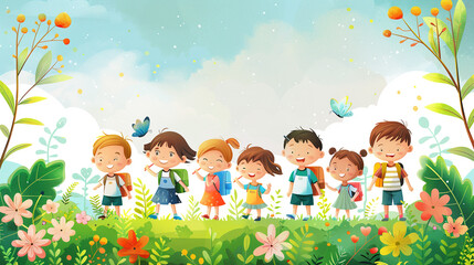 Cute kawaii kindergarten children on a field trip illustrated on a memo paper template - obrazy, fototapety, plakaty