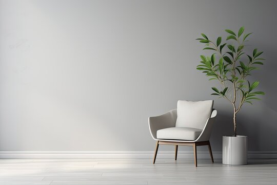 Modern Home Interior Design with Chair and House Plant Tree Bathed in Sunlight, Gray Wall Gradient Background