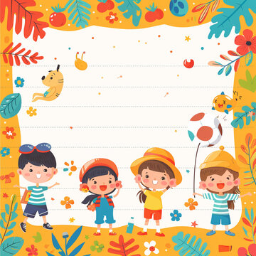 Engaging kindergarten-themed memo paper template with kawaii children enjoying a sports day accented with bright oranges and blues. Designed in Illustrator