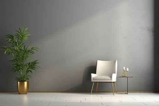 Modern Home Interior Design with Chair and House Plant Tree Bathed in Sunlight, Gray Wall Gradient Background