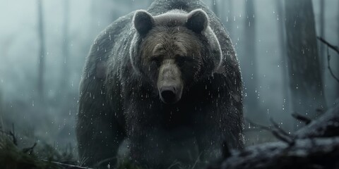 A majestic, solitary brown bear stands in a misty and atmospheric forest, depicting the wild's solitude and resilience