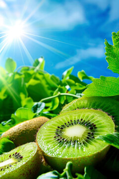 kiwi on a background of palm trees and sky. selective focus.