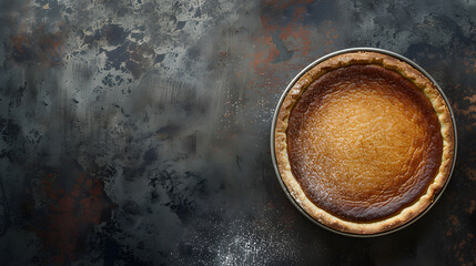 Traditional South African milk tart freshly baked and in tin Mottled grey and rustic surface with copy space : Generative AI
