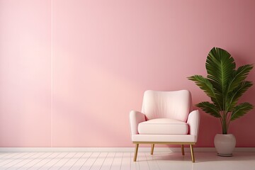 Modern Home Interior Design with Chair and House Plant Tree Bathed in Sunlight, Pink Wall Gradient Background