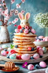 pancakes with Easter eggs. selective focus.