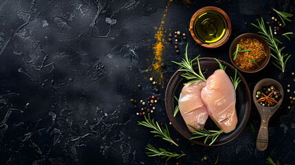raw fresh chicken fillet with rosemary and spices on a dark background Food background cooking ingredients Top view with copy space : Generative AI