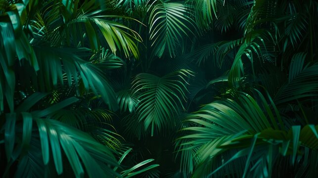 Exotic tropical forest  stunning green jungle with lush palm leaves for panoramic wallpaper