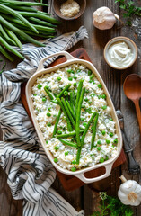 Creamy rice with green beans and gorgonzola cheese cream
