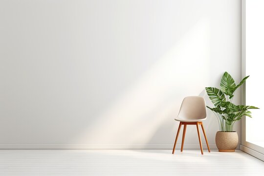 Modern Home Interior Design with Chair and House Plant Tree Bathed in Sunlight, White Wall Gradient Background