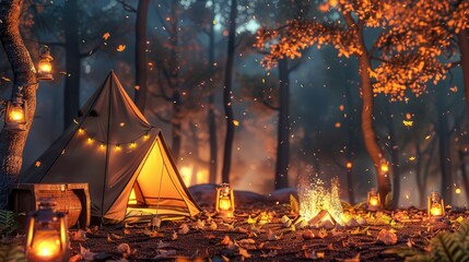 Cozy autumn campsite with a tent campfire - obrazy, fototapety, plakaty