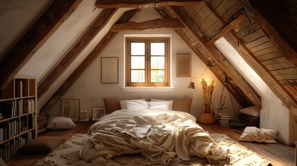 Cozy attic bedroom with exposed beams and a small window