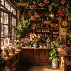 Fototapeta na wymiar Warm and cozy florist shop with fresh flowers and a small coffee area