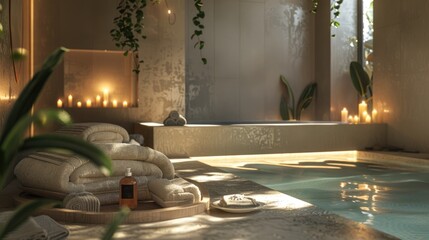 Softly lit spa with a tranquil ambiance and warm towels - obrazy, fototapety, plakaty