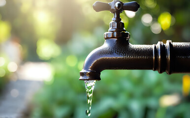 water dripping from a dark metallic tap with a garden background, highlighted by sunlight and creating a fresh, serene atmosphere