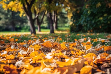 autumn park with trees and bushes, yellow leaves on the ground and on the branches