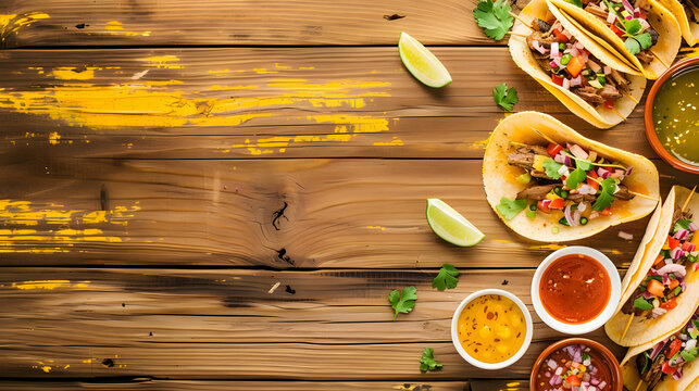 Mexican background with tacos al pastor and mexican sauces Yellow wooden background copy space top view : Generative AI