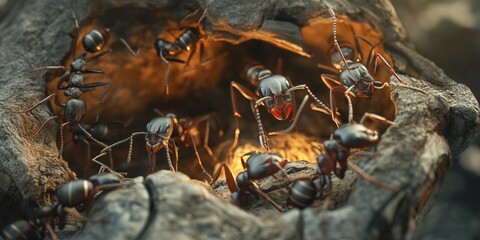 A close-up view of ants displaying teamwork and hierarchy right outside their nest in a natural setting - obrazy, fototapety, plakaty
