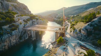 Aerial drone view of Unfinished bridge in Omis Croatia over the river Cetina Bridge being built in...