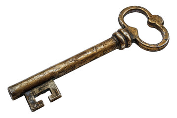Vintage brass key with ornate handle isolated on transparent background
