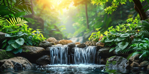 In the heart of nature's embrace, a tranquil waterfall cascades through the verdant forest, embodying serene beauty. - obrazy, fototapety, plakaty