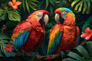 Fototapeta premium In the tropical wilderness, a stunning pair of parrots with vibrant feathers display nature's beauty.