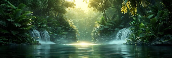 In the lush jungle, a river winds through the vibrant scenery, kissed by the morning sunlight. - obrazy, fototapety, plakaty