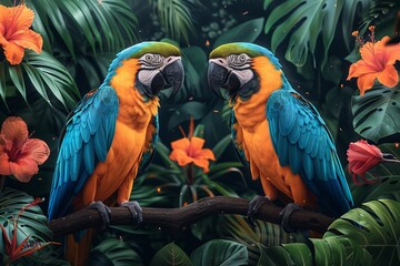 In the lush jungle, vibrant parrots with colorful feathers soar, embodying the exotic beauty of nature. - obrazy, fototapety, plakaty