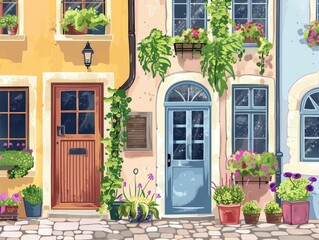 Fototapeta na wymiar A beautiful street with old historic houses, doors, windows and flowers on the windowsills. Handmade drawing vector illustration