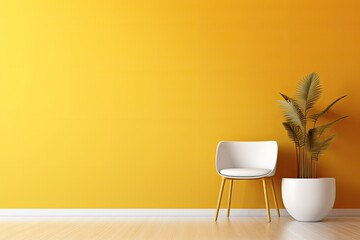 Modern Home Interior Design with Chair and House Plant Tree Bathed in Sunlight, Yellow Wall Gradient Background