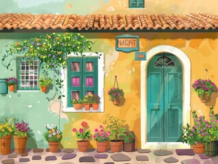 A beautiful street with old historic houses, doors, windows and flowers on the windowsills. Handmade drawing vector illustration 