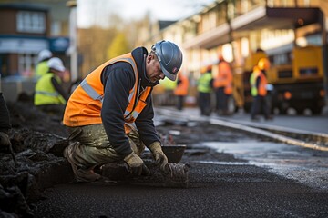 A focused construction worker in high-visibility clothing carefully paves a new road with fresh asphalt, with teamwork visible in the background, in an urban setting at dusk. - obrazy, fototapety, plakaty