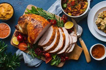 Roasted turkey breast sliced on a board with Thanksgiving sides