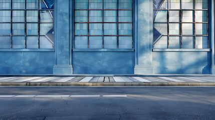 Blue facade with large stained windows at street level Tiled concrete sidewalk and road in front Background for copy space : Generative AI