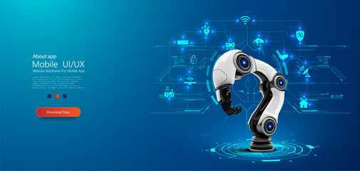 Robotic Arm in Digital Interface Environment: Smart Industry Concept. Sophisticated robotic arm is central in a virtual blueprint interface, symbolizing high-tech automation and AI in modern industry. - 787329999