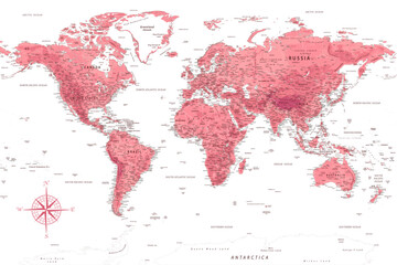 World Map - Highly Detailed Vector Map of the World. Ideally for the Print Posters. Rose Pink Colors. With Relief and Depth - obrazy, fototapety, plakaty
