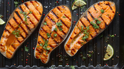 Grilled salmon fillets steaks with salt pepper and herb on grill Gray background Top view Copy space : Generative AI