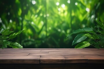 Blank wooden table with a background of spring nature and tree branches with green leaves, for product display