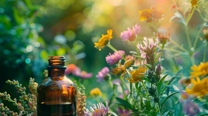 tinctures of flowers and herbs in a bottle. selective focus. - obrazy, fototapety, plakaty