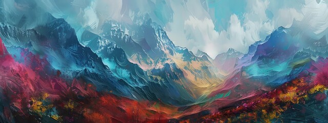 Painting beautiful mountains drawing. Selective focus.