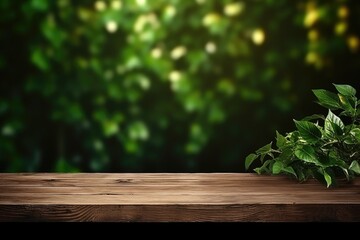 Blank wooden table with a background of spring nature and tree branches with green leaves, for product display