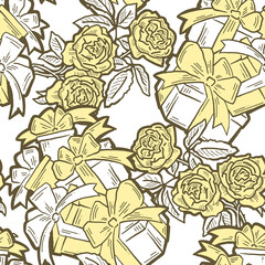 Gift box, ribbon and flowers seamless pattern for wrapping present with bow, party celebration, sale promotion, Textile print, fabric design, banner background. Hand drawn illustration cartoon style.